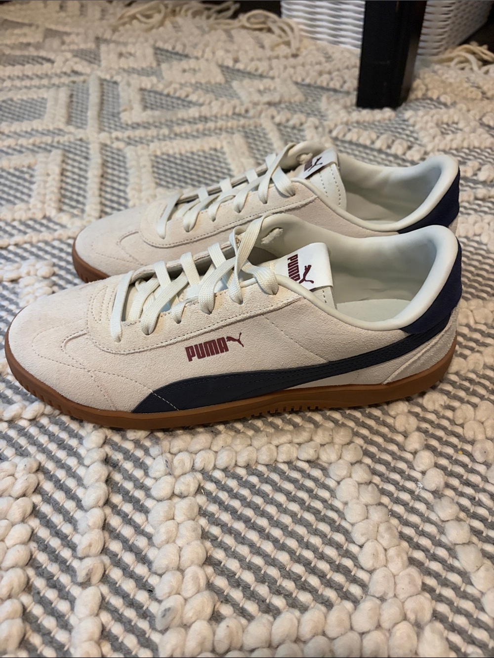 Puma Men's Cream Suede Sneakers with Navy Stripe and Gum Sole